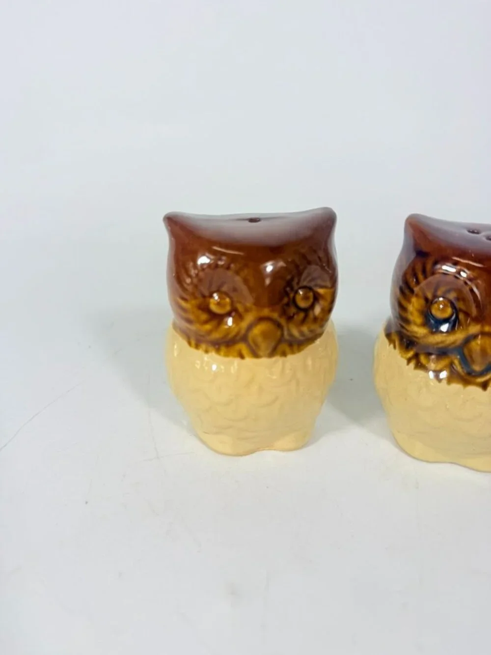 Pottery Owl Salt & Pepper Shakers  Brown Glaze Vintage Kitchenware Retro Collect